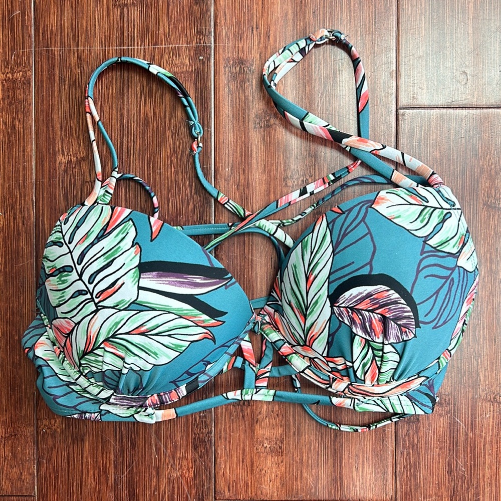 Teal & Pink Floral Strappy Bikini Top